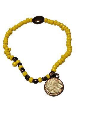 Handmade Bronze Coin Charm Bracelet Boho Yellow Beaded Stretch Fashion Jewelry